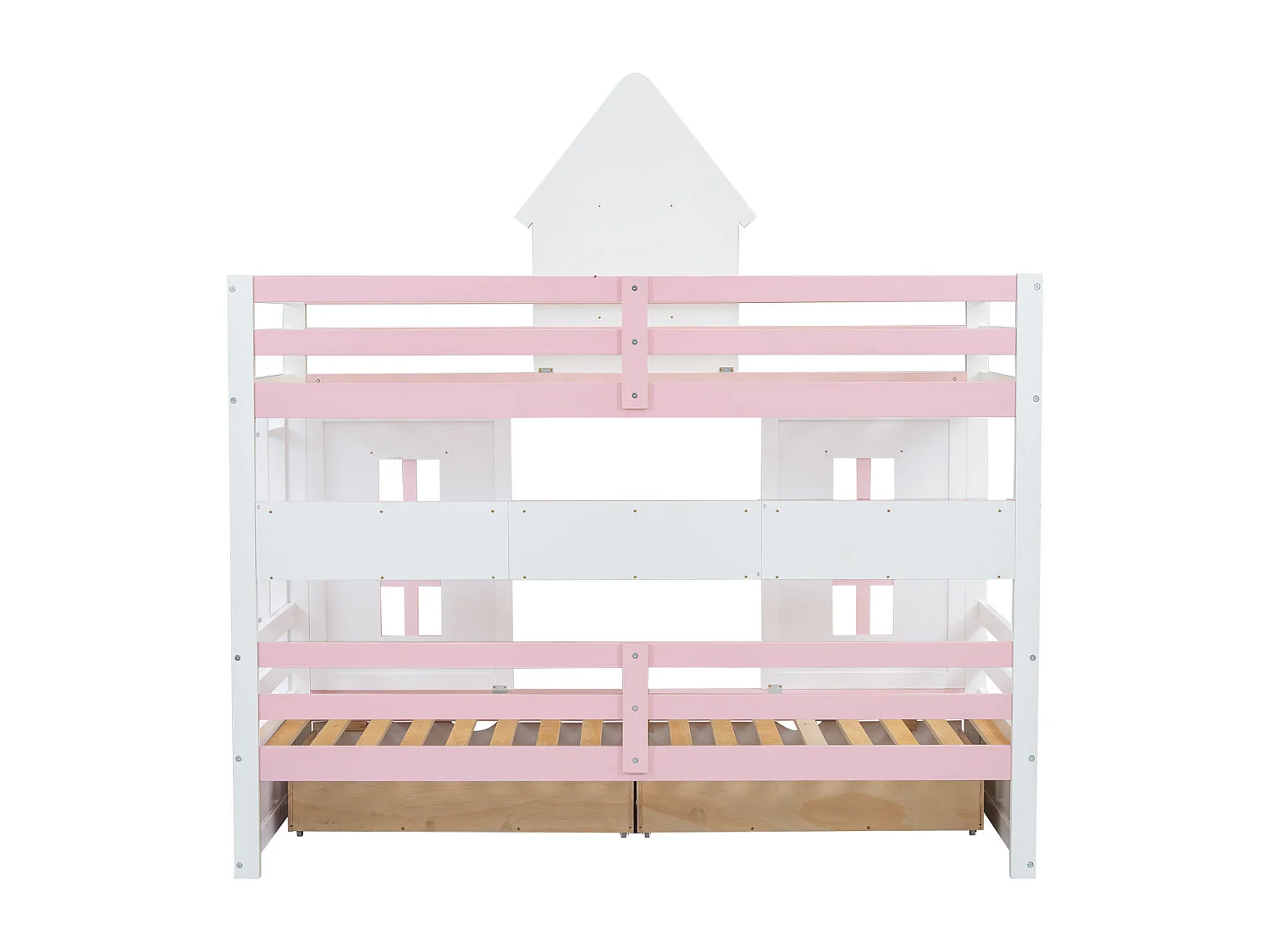 Stapelbed 90x200cm - kinderbed met dak, raam, 2 lades, open plank, lattenbodem - grenen + MDF, wit + roze