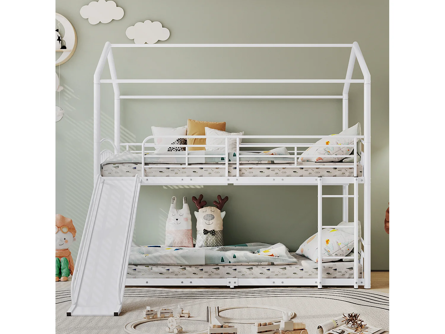 Beliche 90x200cm - cama cabine infantil com escadas e escada em ângulo reto, escorrega - estrutura metálica branca