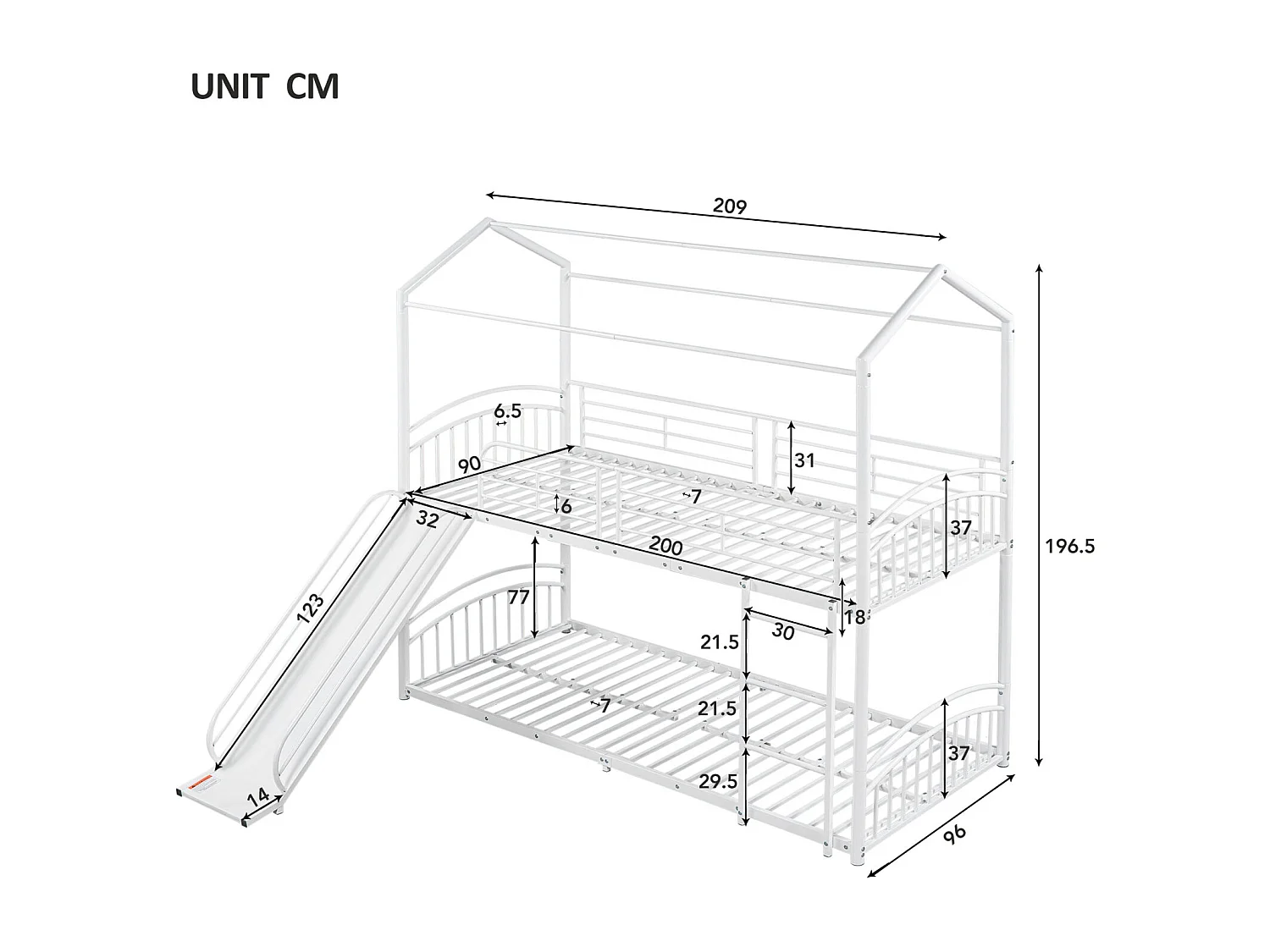 Beliche 90x200cm - cama cabine infantil com escadas e escada em ângulo reto, escorrega - estrutura metálica branca