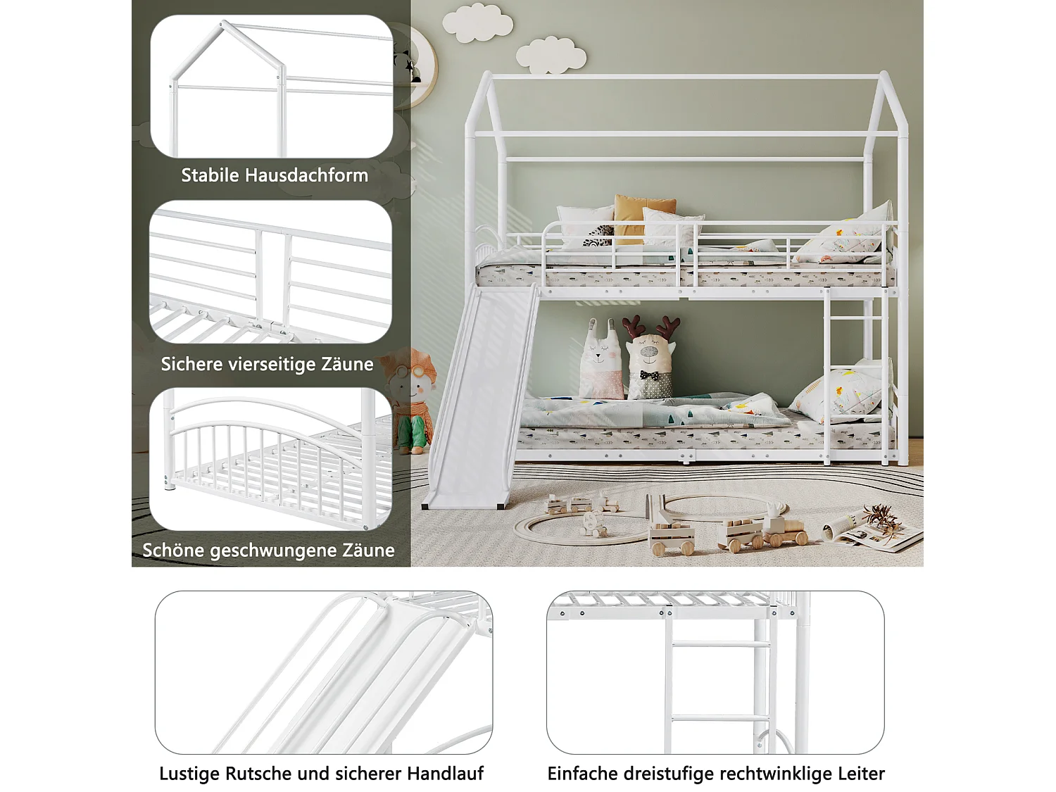 Beliche 90x200cm - cama cabine infantil com escadas e escada em ângulo reto, escorrega - estrutura metálica branca