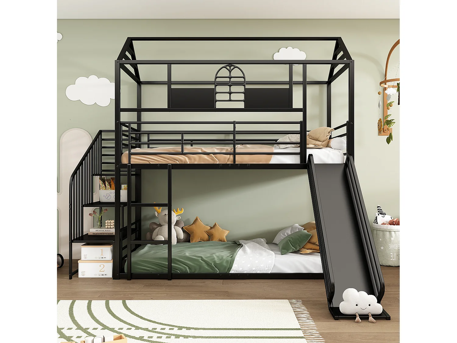 Letto a castello in ferro 90x200cm, Letto a telaio con scivolo e scaletta laterale, Letto a casetta con protezione anticaduta, Nero