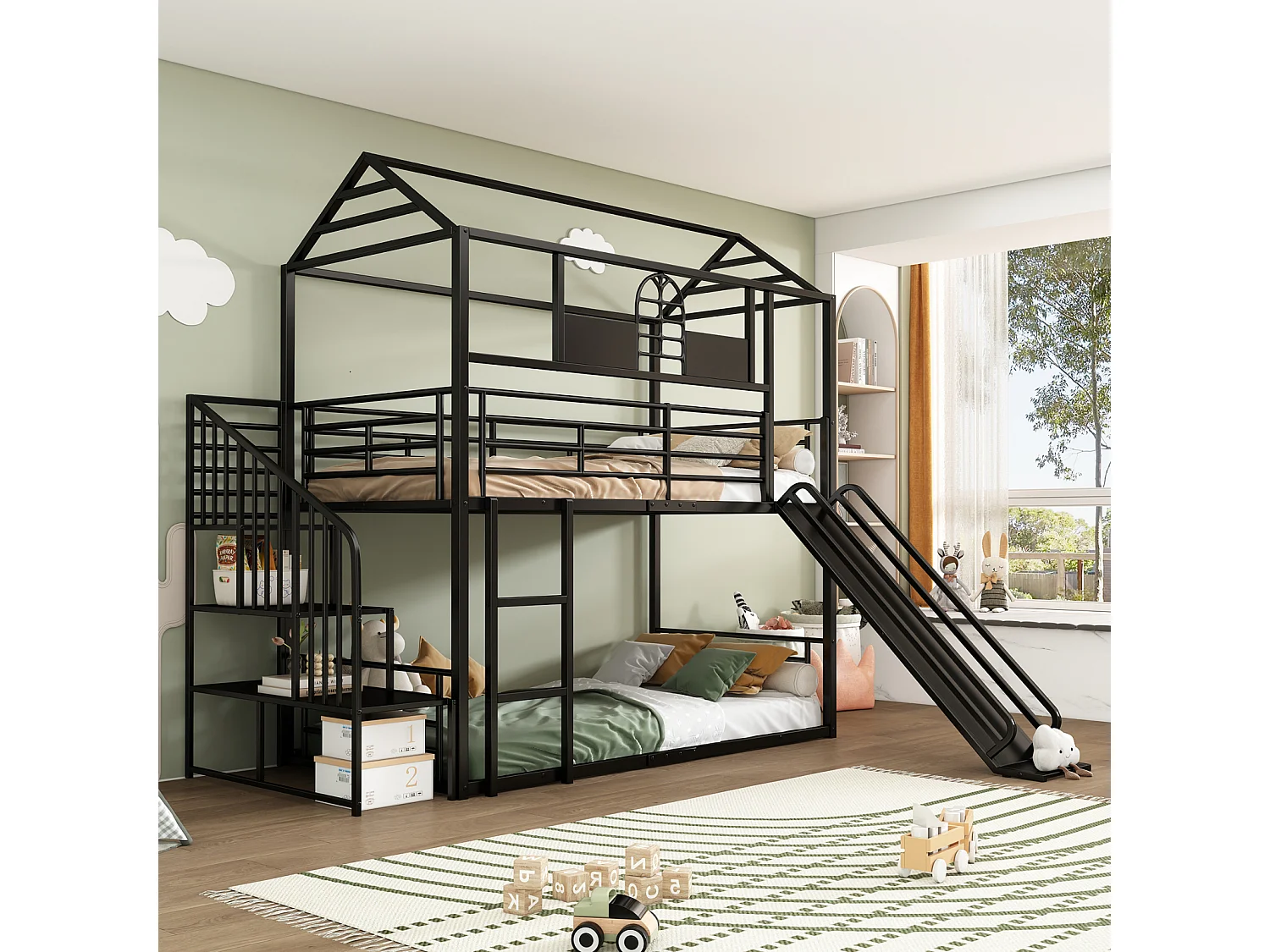 Letto a castello in ferro 90x200cm, Letto a telaio con scivolo e scaletta laterale, Letto a casetta con protezione anticaduta, Nero