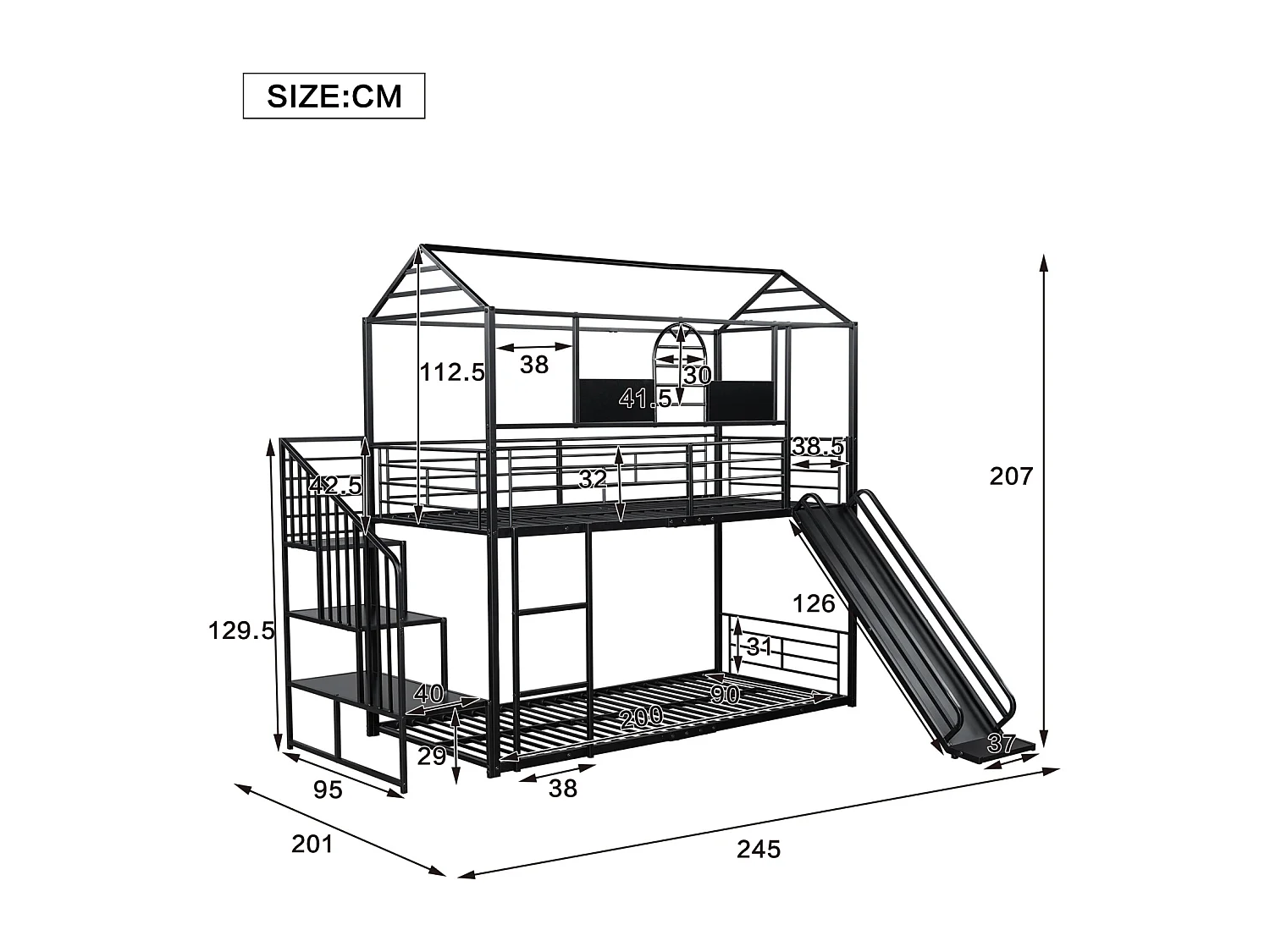 Letto a castello in ferro 90x200cm, Letto a telaio con scivolo e scaletta laterale, Letto a casetta con protezione anticaduta, Nero
