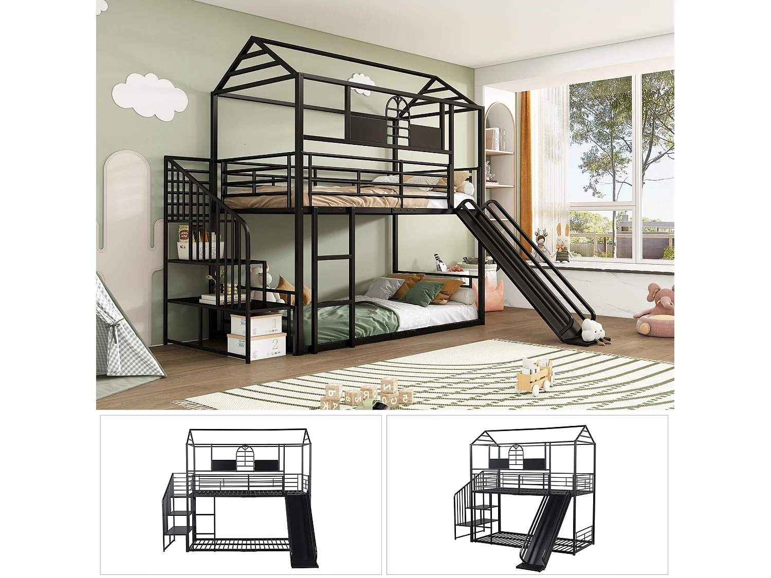 Letto a castello in ferro 90x200cm, Letto a telaio con scivolo e scaletta laterale, Letto a casetta con protezione anticaduta, Nero