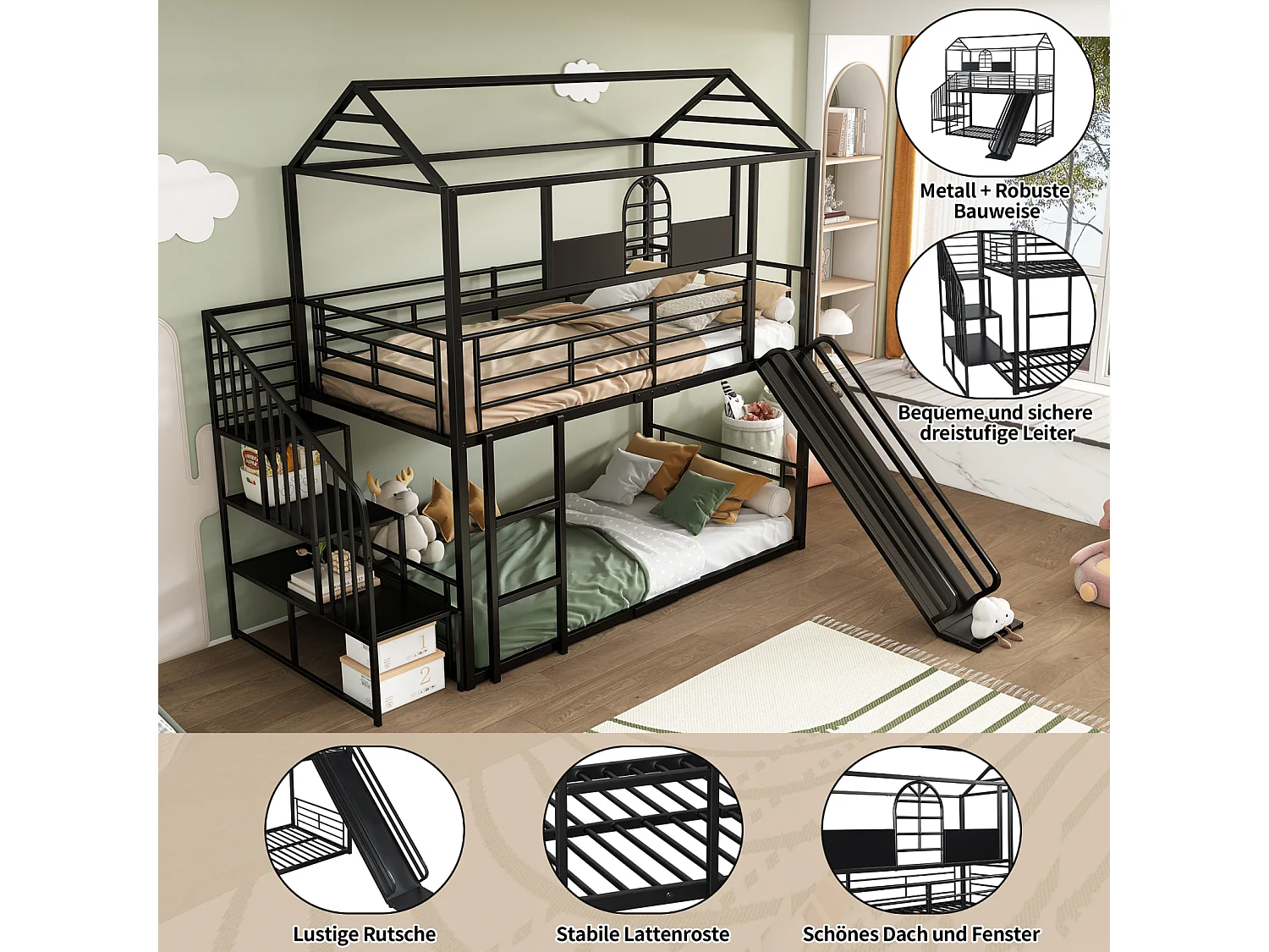 Letto a castello in ferro 90x200cm, Letto a telaio con scivolo e scaletta laterale, Letto a casetta con protezione anticaduta, Nero