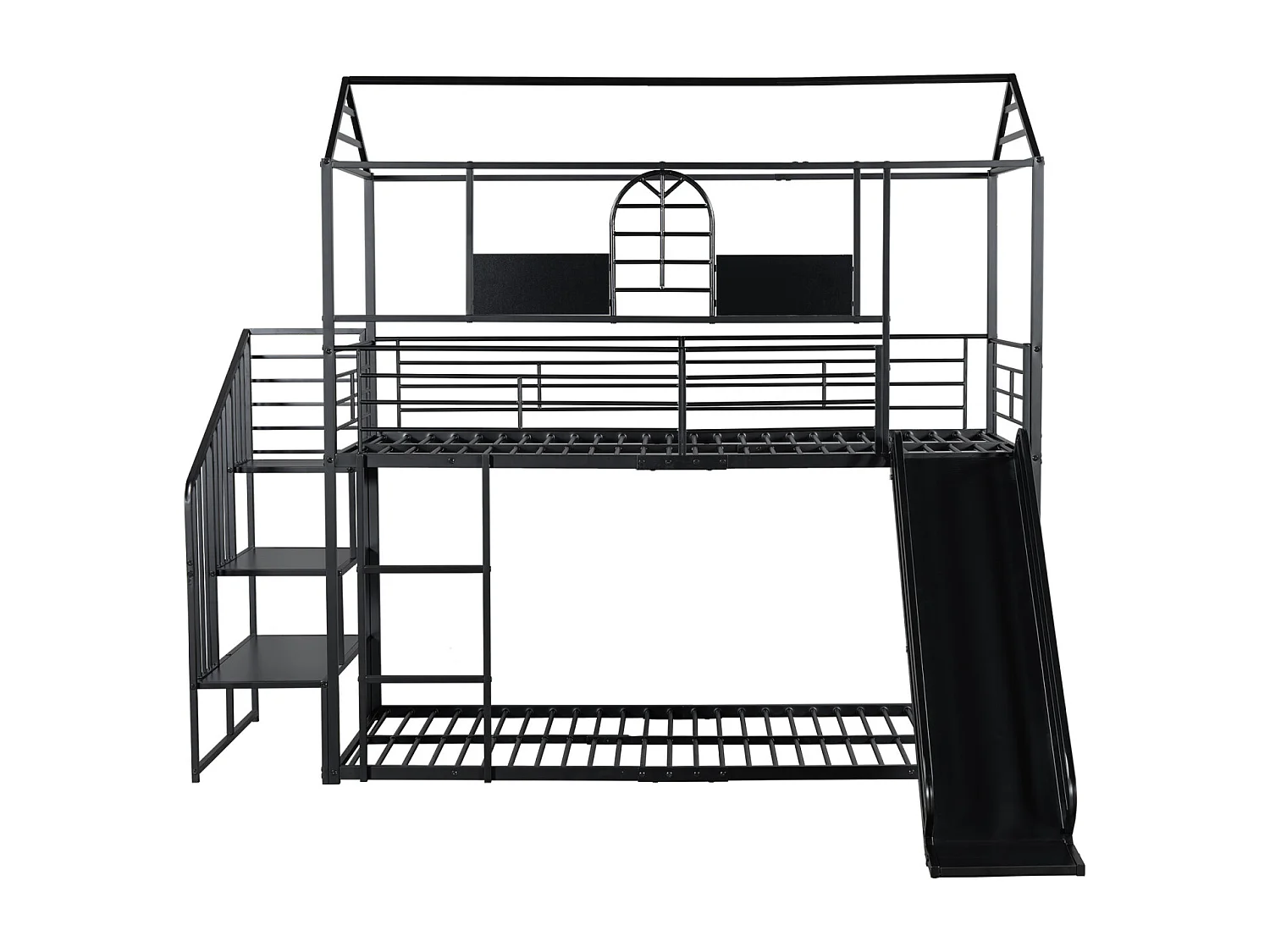 Letto a castello in ferro 90x200cm, Letto a telaio con scivolo e scaletta laterale, Letto a casetta con protezione anticaduta, Nero