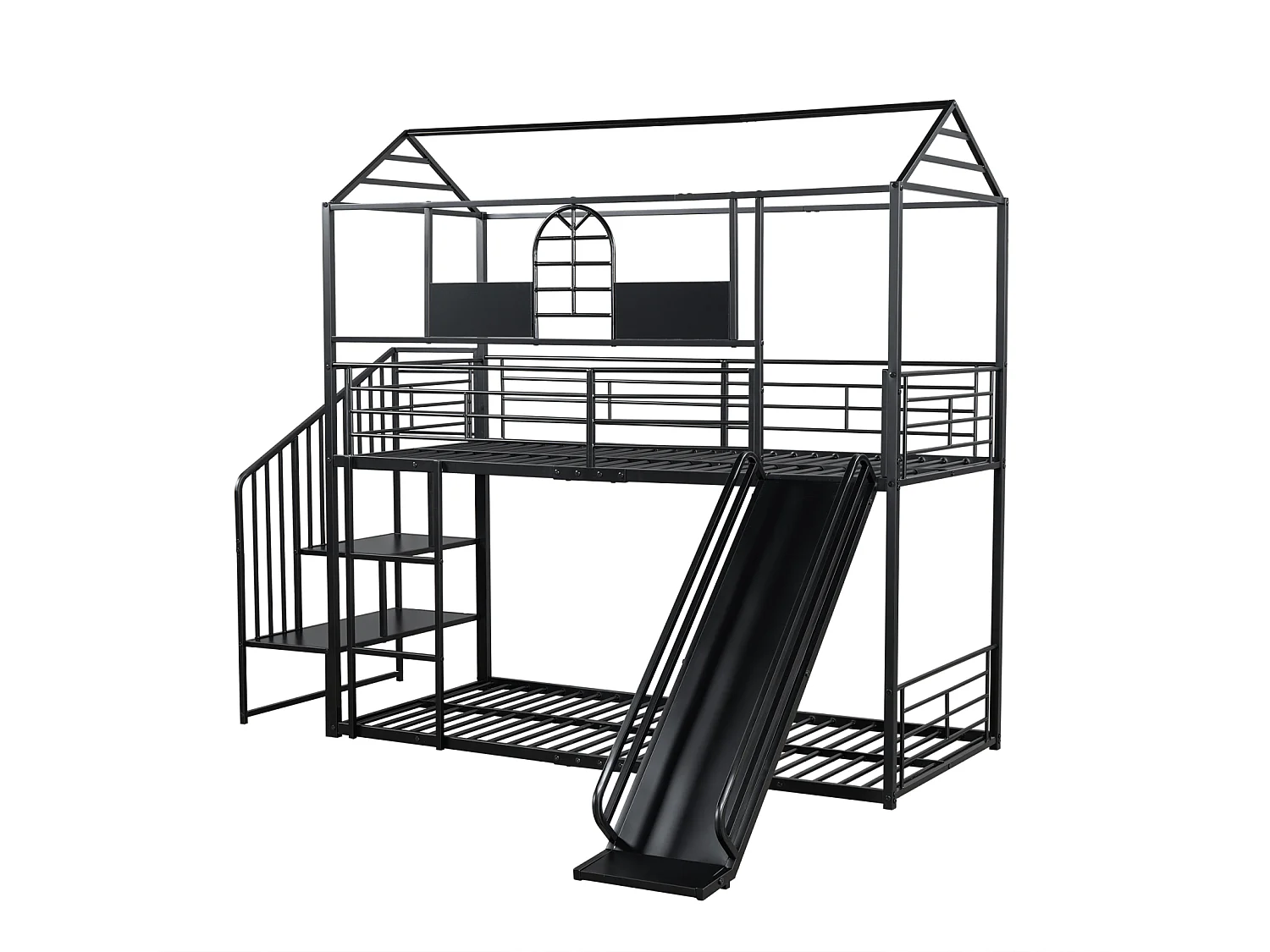 Letto a castello in ferro 90x200cm, Letto a telaio con scivolo e scaletta laterale, Letto a casetta con protezione anticaduta, Nero