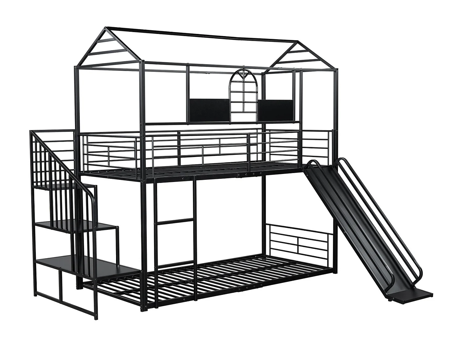 Letto a castello in ferro 90x200cm, Letto a telaio con scivolo e scaletta laterale, Letto a casetta con protezione anticaduta, Nero