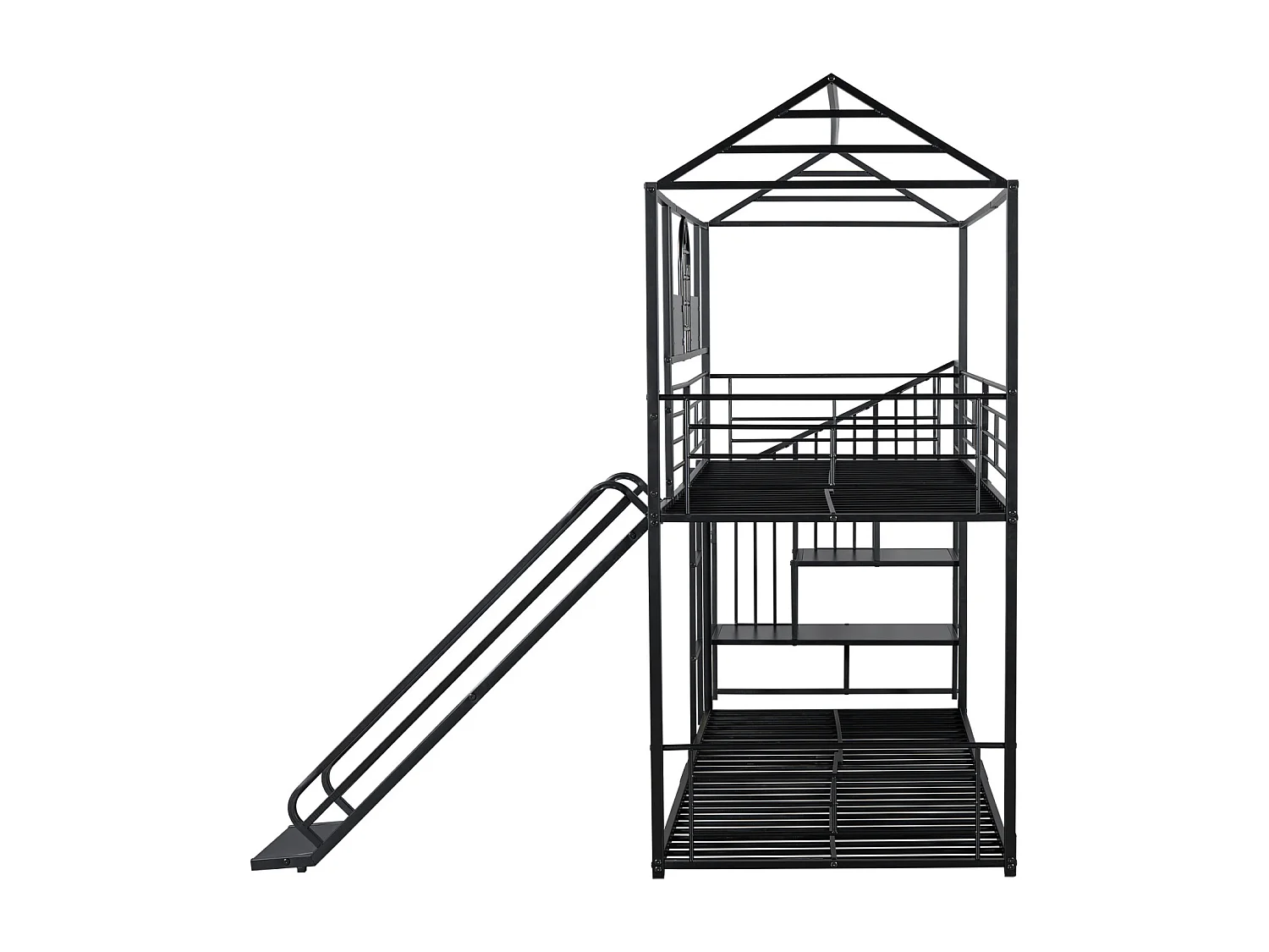 Letto a castello in ferro 90x200cm, Letto a telaio con scivolo e scaletta laterale, Letto a casetta con protezione anticaduta, Nero