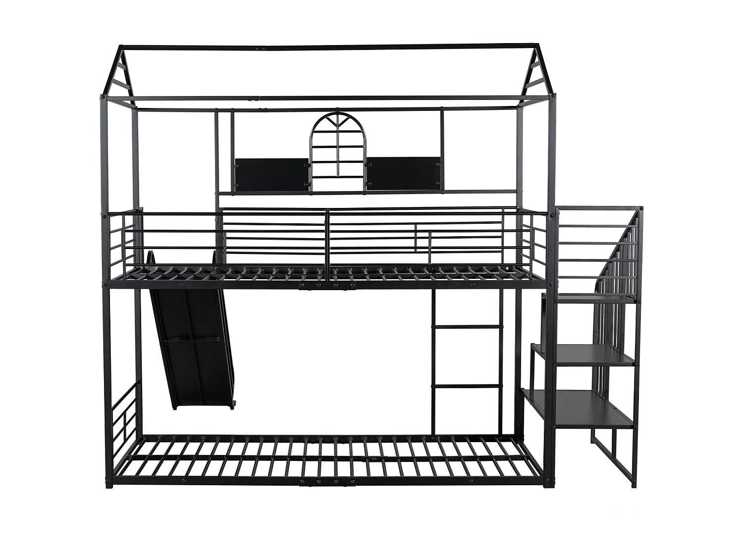 Letto a castello in ferro 90x200cm, Letto a telaio con scivolo e scaletta laterale, Letto a casetta con protezione anticaduta, Nero