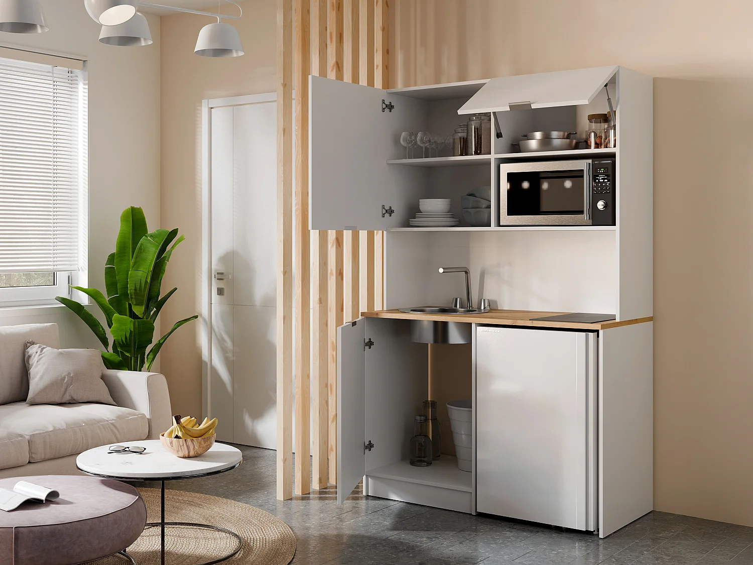 Multifunctioneel meubel kitchenette en wasruimte - Met werkblad 120 cm - Wit en naturel - CARMEO