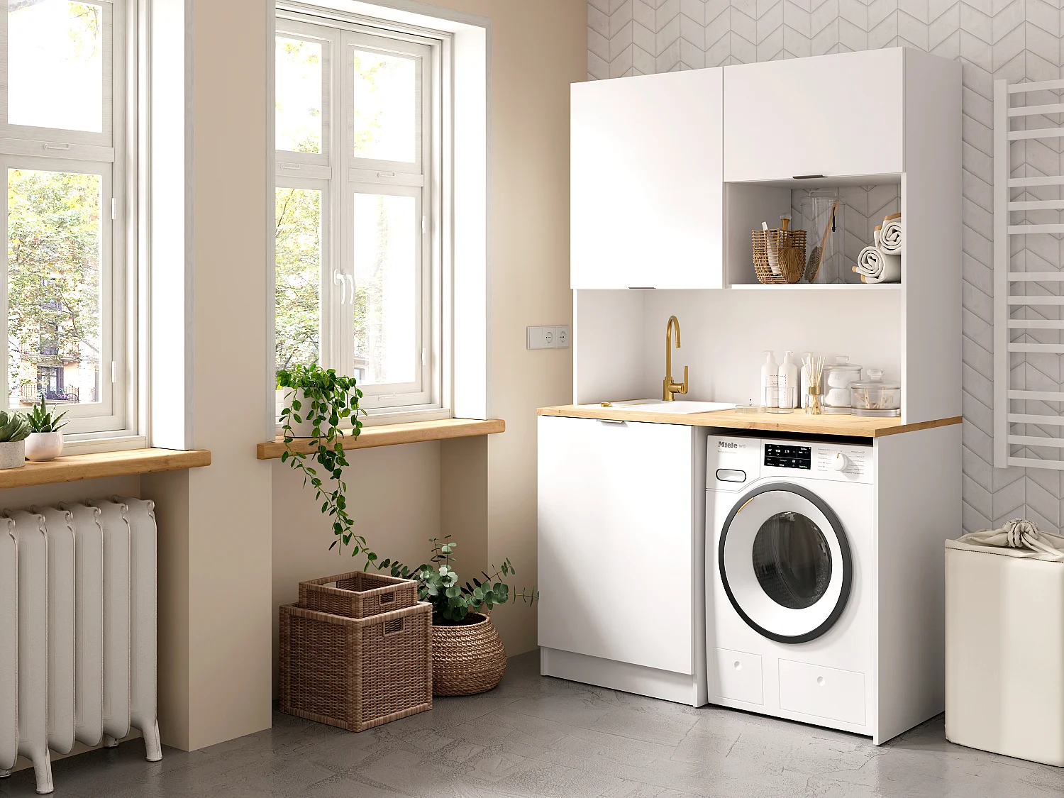 Multifunctioneel meubel kitchenette en wasruimte - Met werkblad 120 cm - Wit en naturel - CARMEO