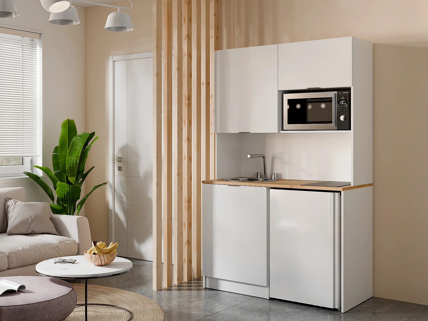 Meuble multifonction kitchenette et buanderie - Avec plan de travail 120 cm - Blanc et naturel - CARMEO