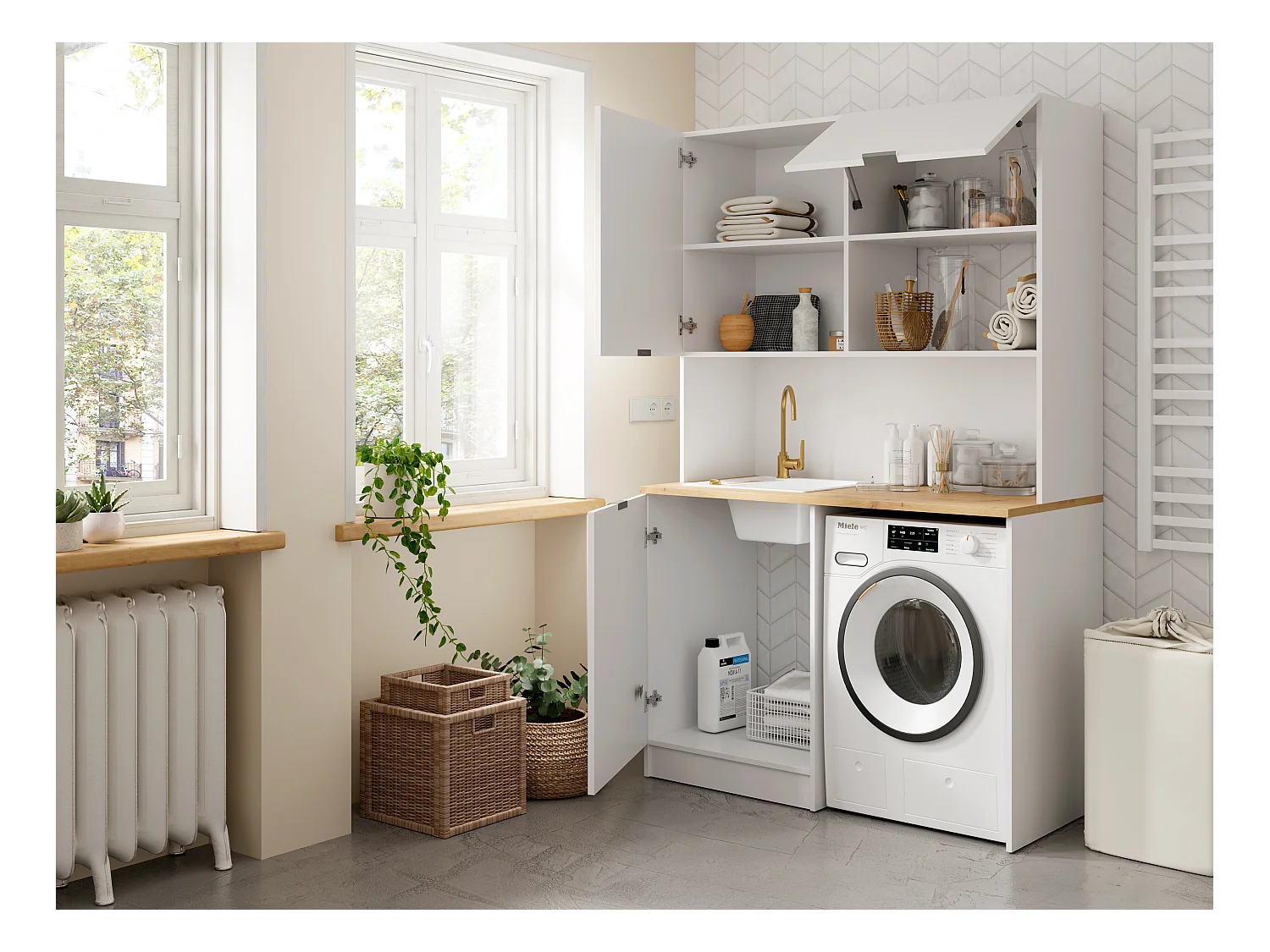 Mueble multifunción para cocina o cuarto de la lavadora - Con encimera de 120 cm - Blanco y natural - CARMEO