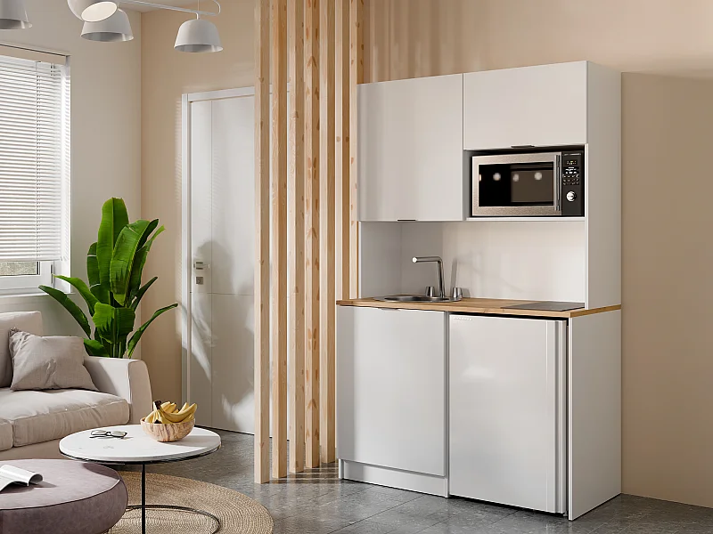 Cucina multifunzionale e lavanderia Con piano di lavoro 120 cm Bianco e Naturale - CARMEO