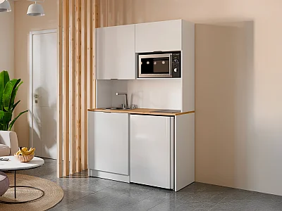 Meuble multifonction kitchenette et buanderie - Avec plan de travail 120 cm - Blanc et naturel - CARMEO
