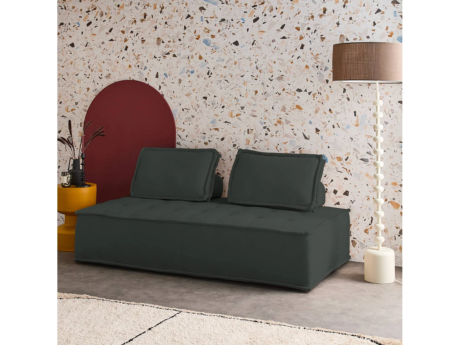 Sofá modular en tela lisa, 2 plazas gris oscuro