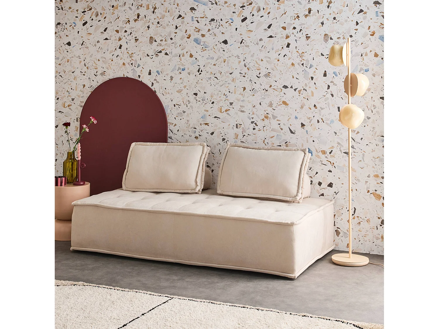 Chauffeuse 2 places pour canapé modulable tissu capitonné crème