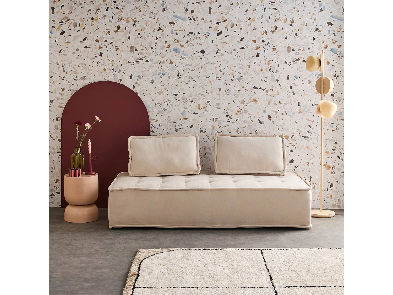 Chauffeuse 2 places pour canapé modulable tissu capitonné crème