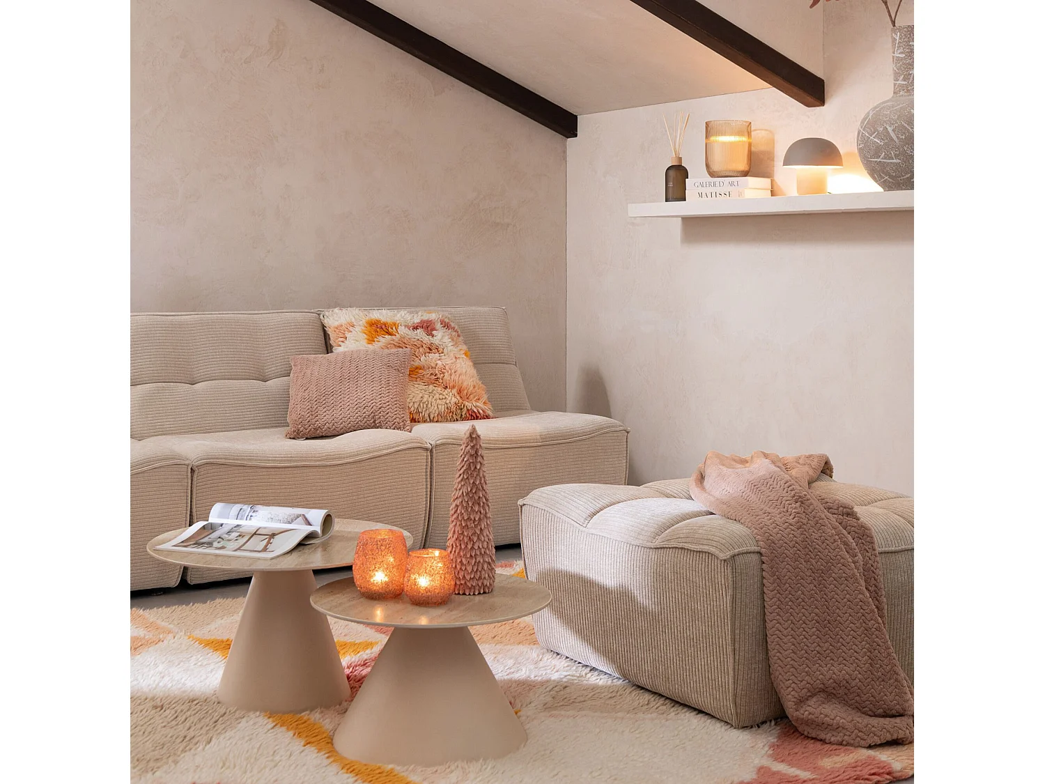 Pouf Matelassé "Grid" 92cm Beige