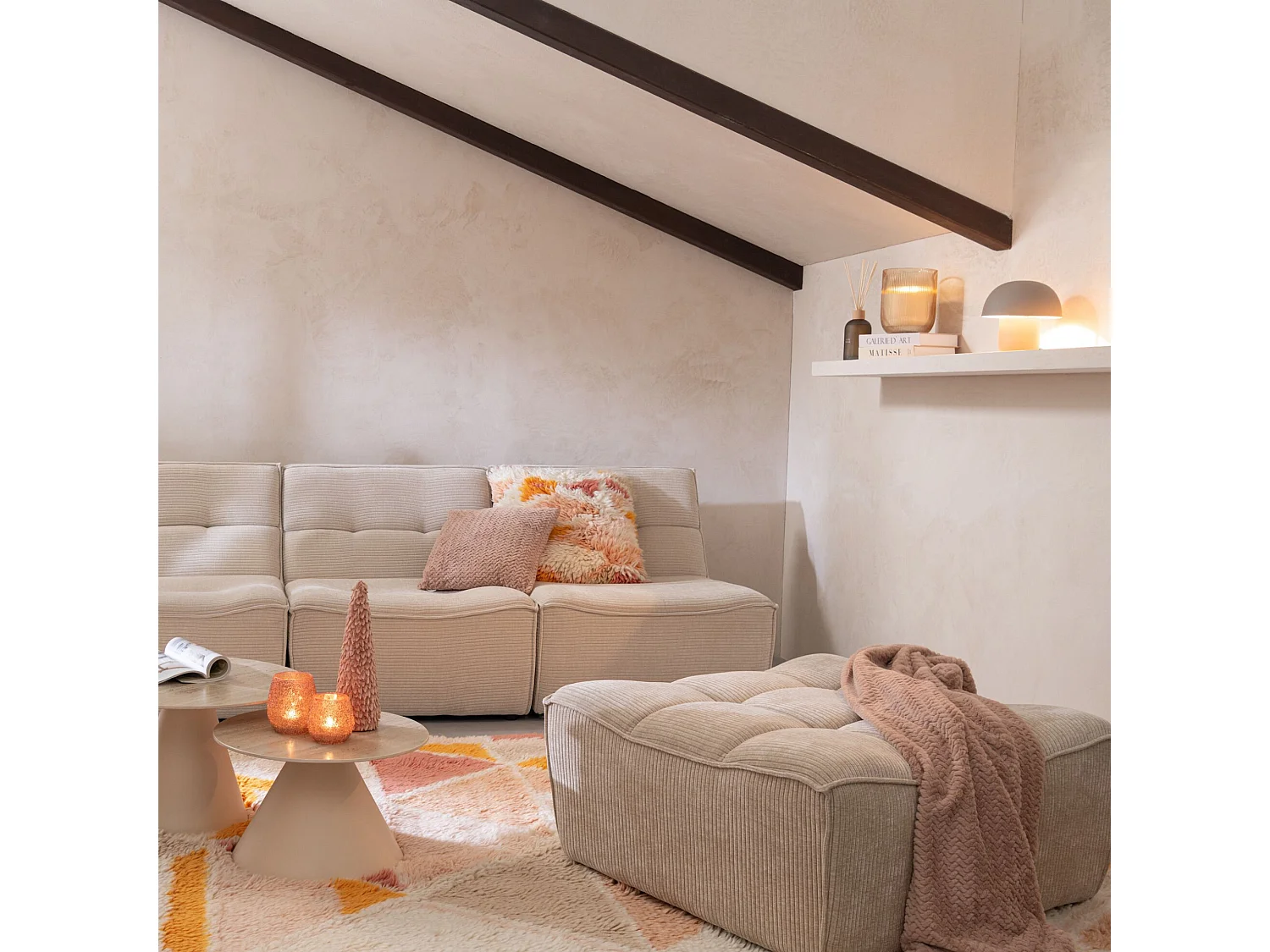 Pouf Matelassé "Grid" 92cm Beige