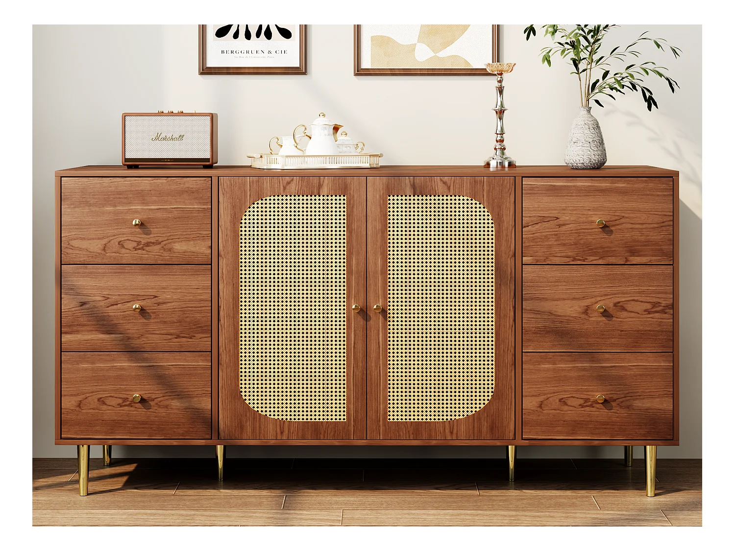 Buffet 2 portes et 6 tiroirs - en MDF - Marron
