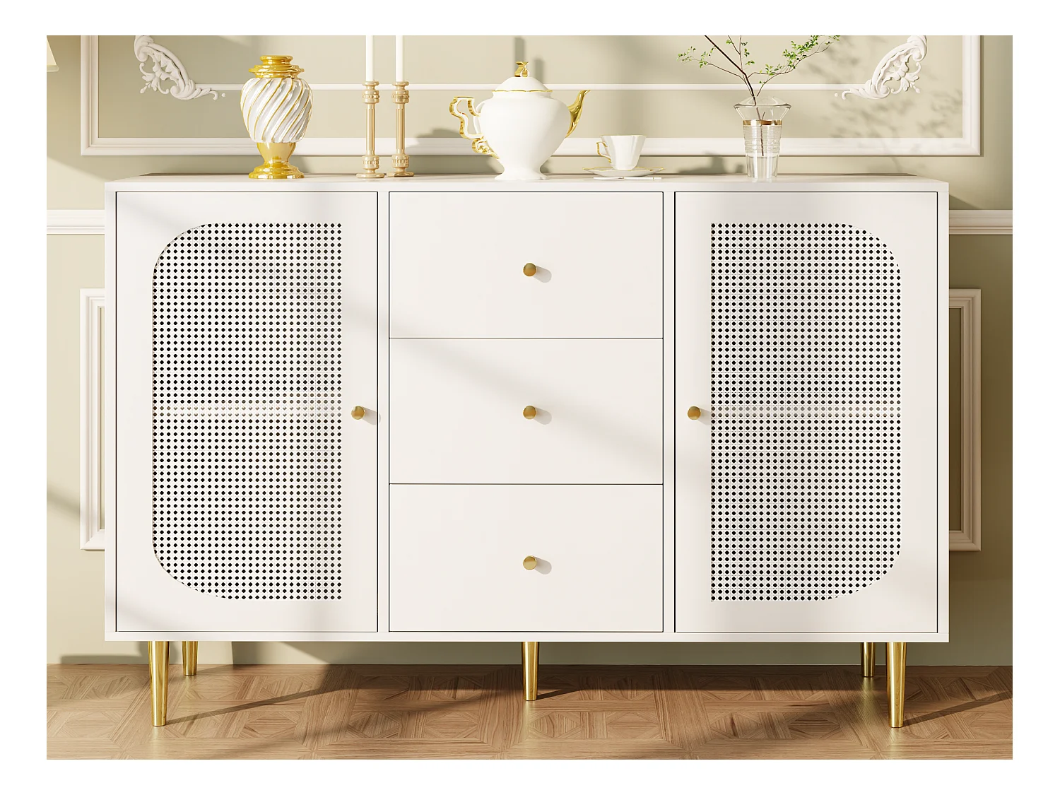 Buffet 2 portes et 3 tiroirs - en MDF - Blanc