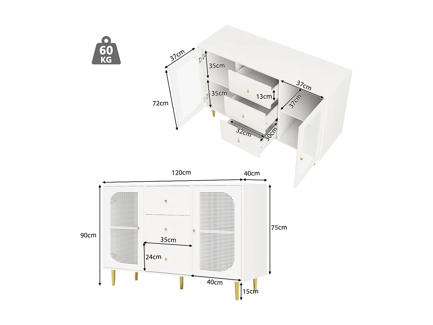 Buffer 2 puertas y 3 cajones - en MDF - Blanco