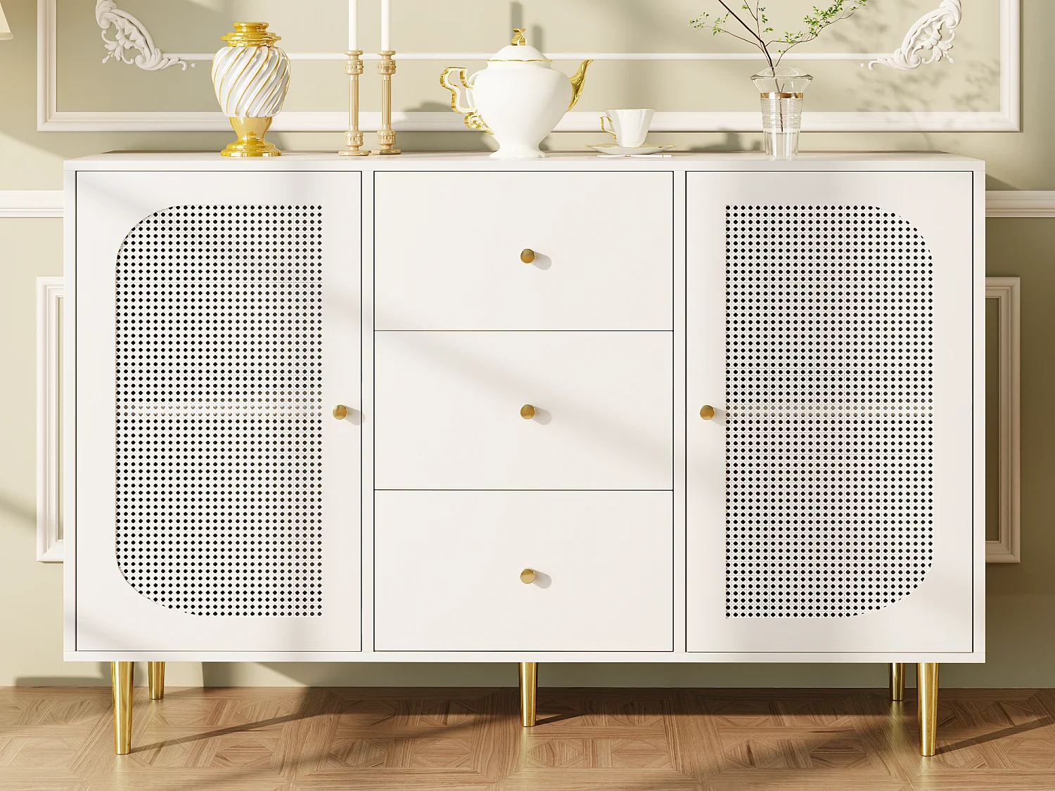 Buffet 2 portes et 3 tiroirs - en MDF - Blanc