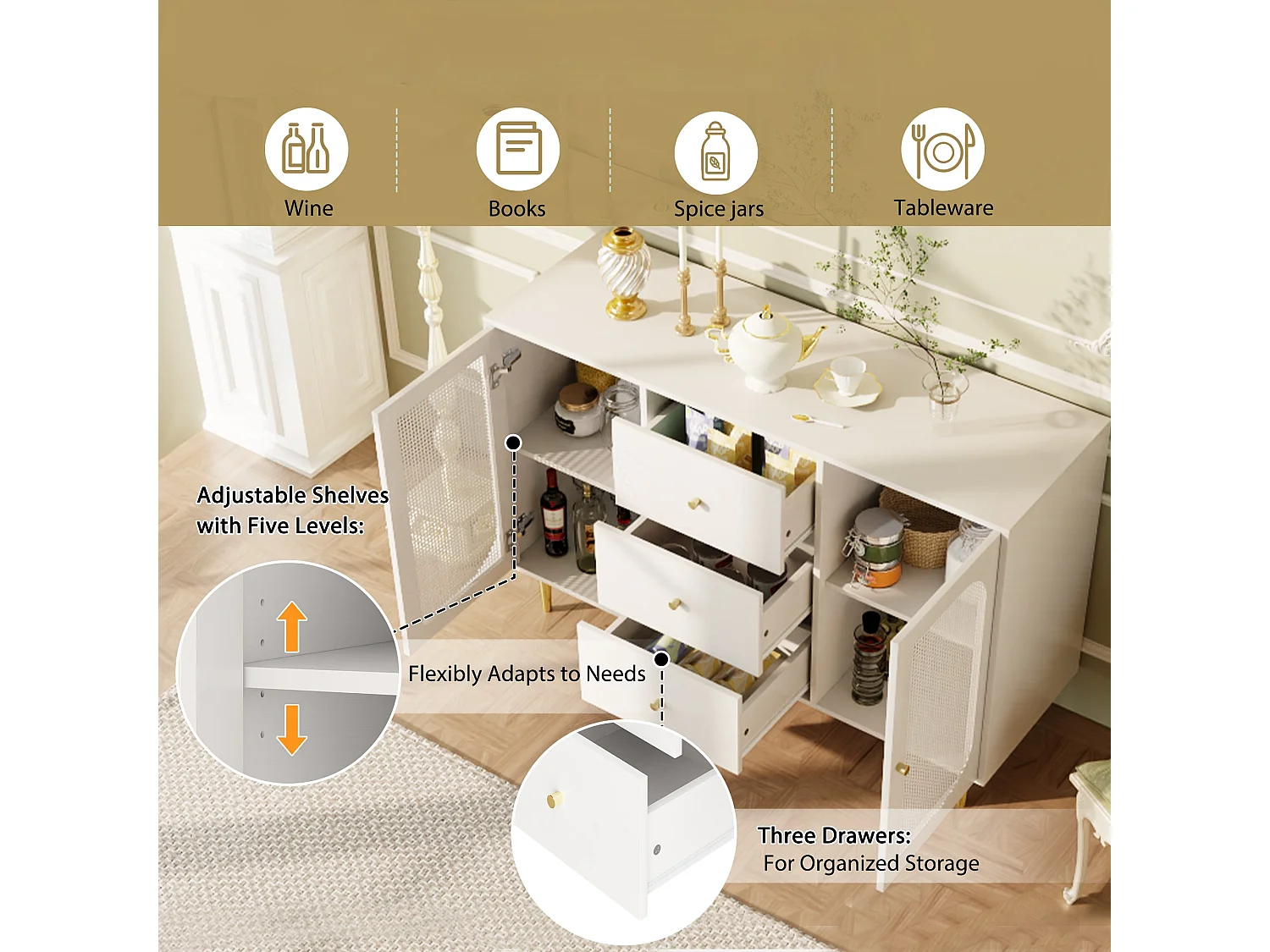 Buffet 2 portes et 3 tiroirs - en MDF - Blanc