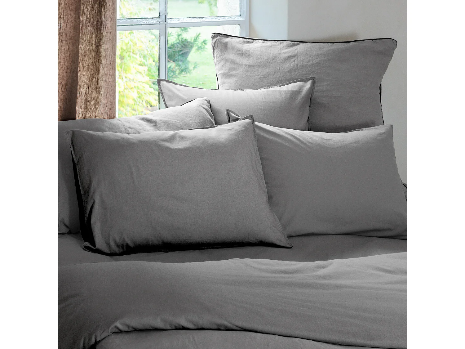 Parure de lit 140x200 cm et 50x70 cm coton lavé PALACE gris acier 2 pièces