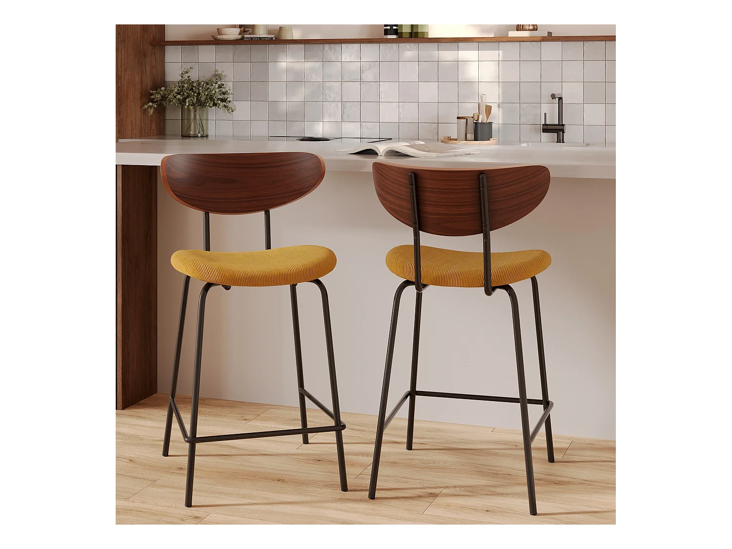 Lot de 2 chaises pour îlot central en velours côtelé jaune 64.5 cm - Jade