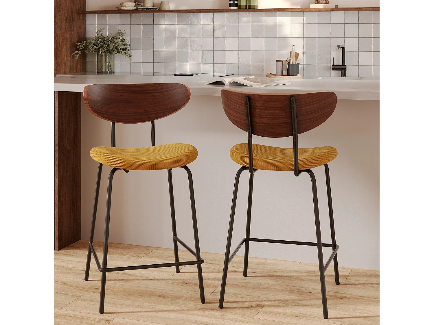 Lot de 2 chaises pour îlot central en velours côtelé jaune 64.5 cm - Jade