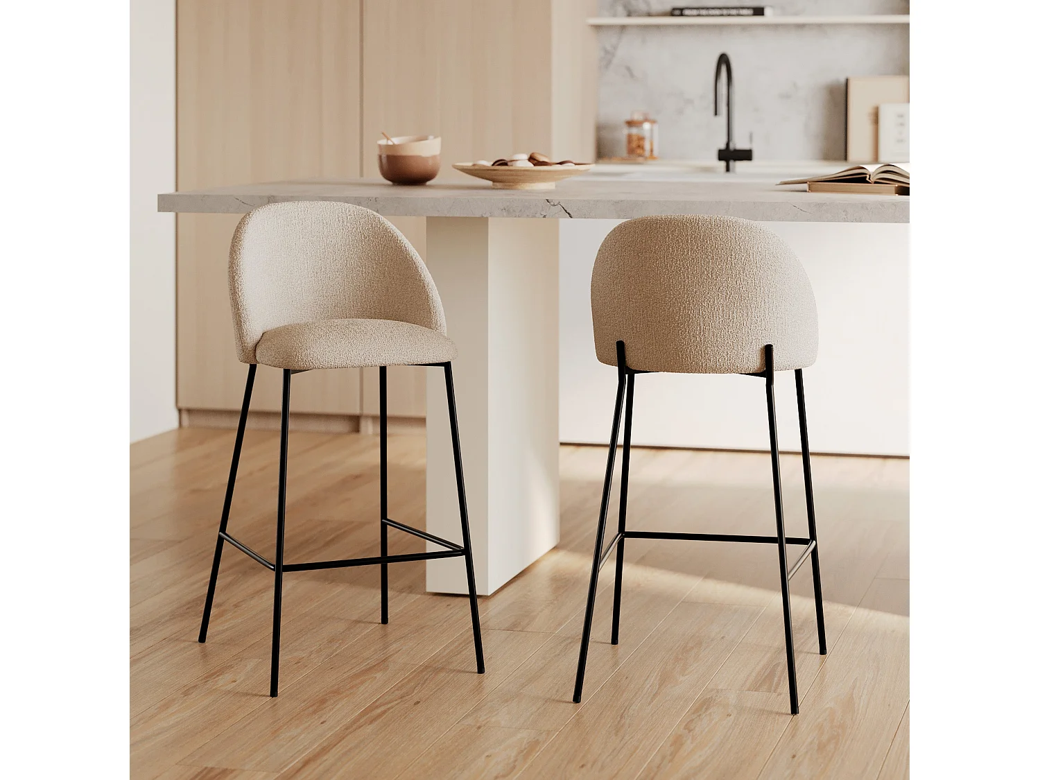 Set de 2 sillas para isla central en tejido bouclé crema - Karl
