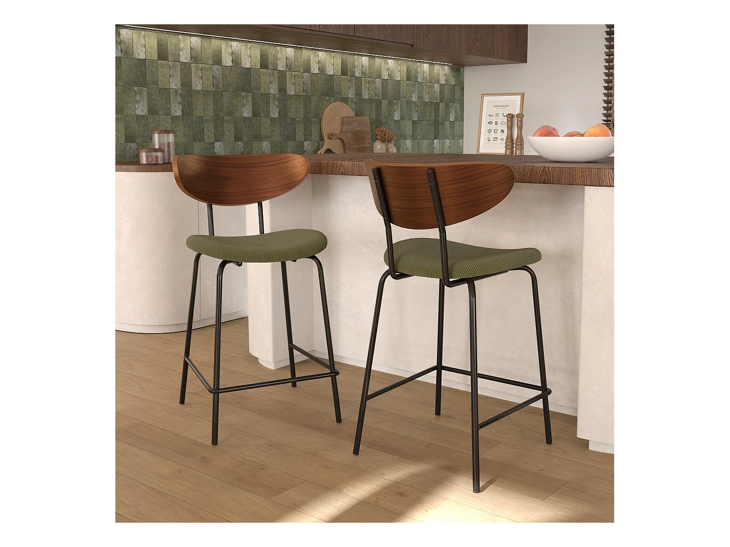 Lot de 2 chaises pour îlot central en velours côtelé kaki 64.5 cm - Jade