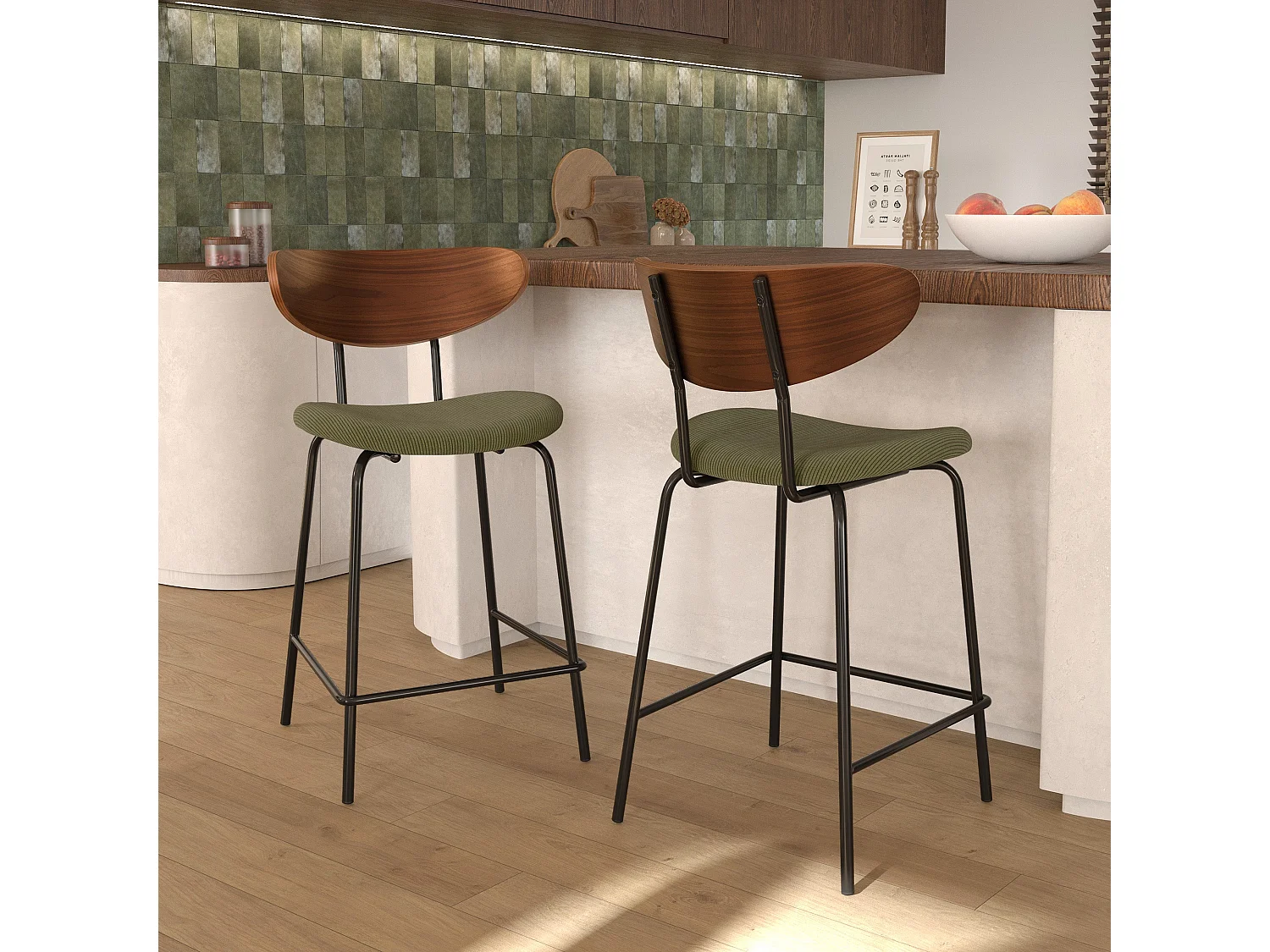 Lot de 2 chaises pour îlot central en velours côtelé kaki 64.5 cm - Jade