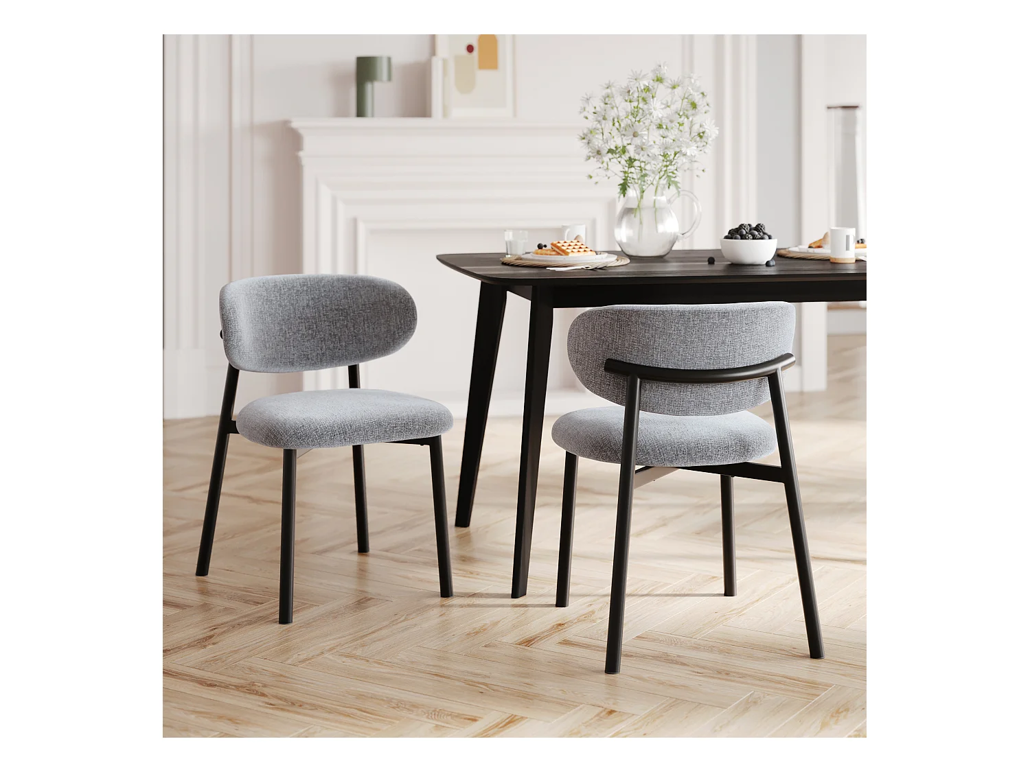 Lot de 2 chaises en tissu gris foncé chiné et pieds en métal noir - Nao
