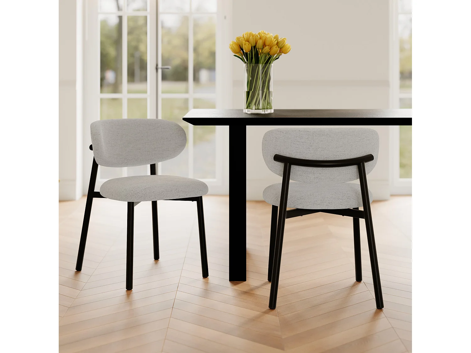 Set de 2 sillas en tela jaspeada gris claro y patas de metal negro - Nao