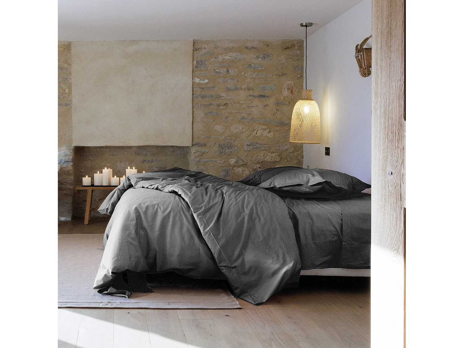 Parure de lit 200x200 cm set 65x65 cm percale MANOIR gris Ardoise