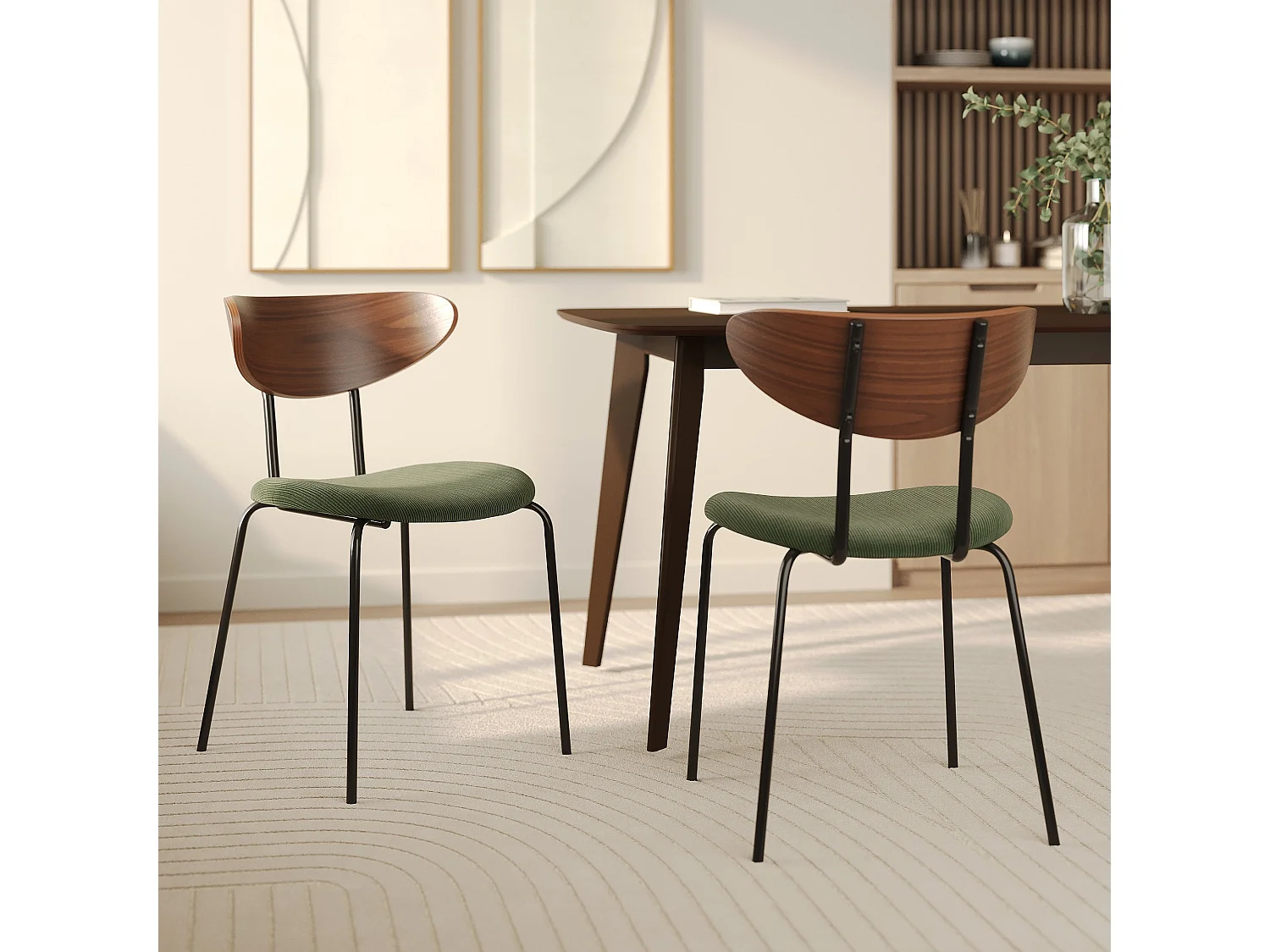 Lot de 2 chaises en velours côtelé vert kaki et dossier en noyer - Jade