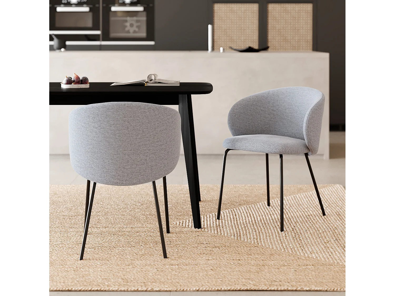 Lot de 2 chaises en tissu gris clair et pieds en métal noir - Victoria