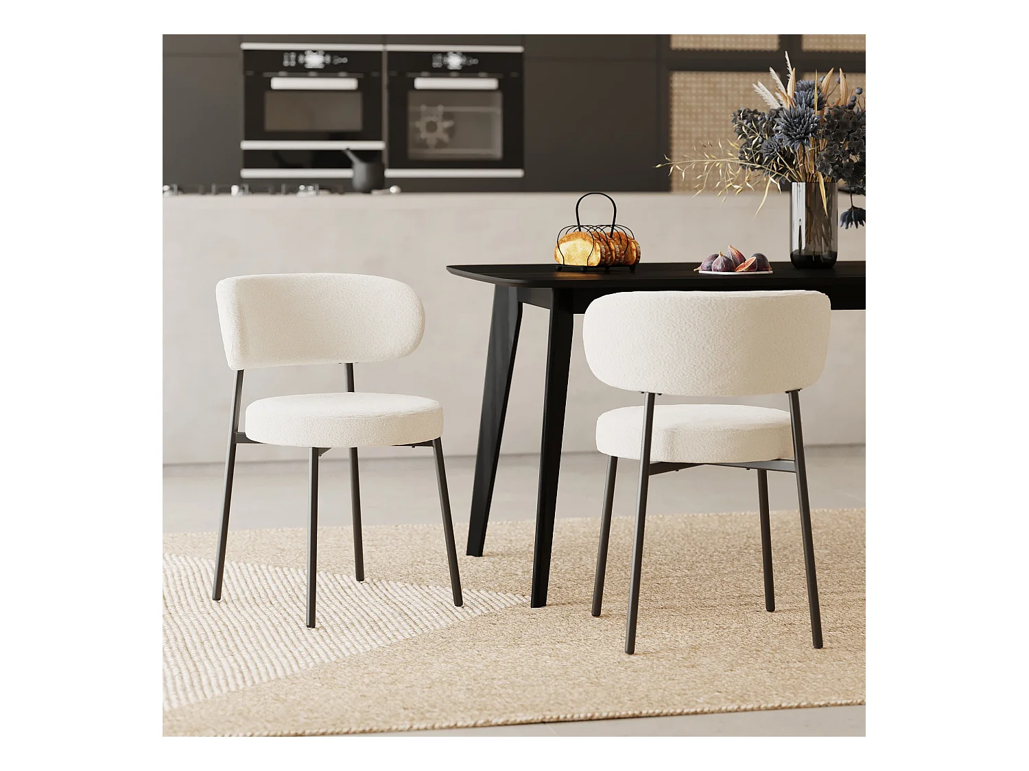 Lot de 2 chaises en tissu bouclé blanc cassé et pieds noirs - Maëlie