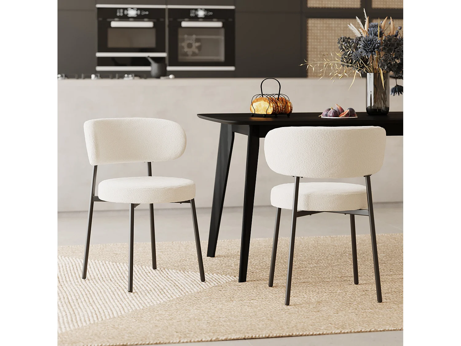 Lot de 2 chaises en tissu bouclé blanc cassé et pieds noirs - Maëlie