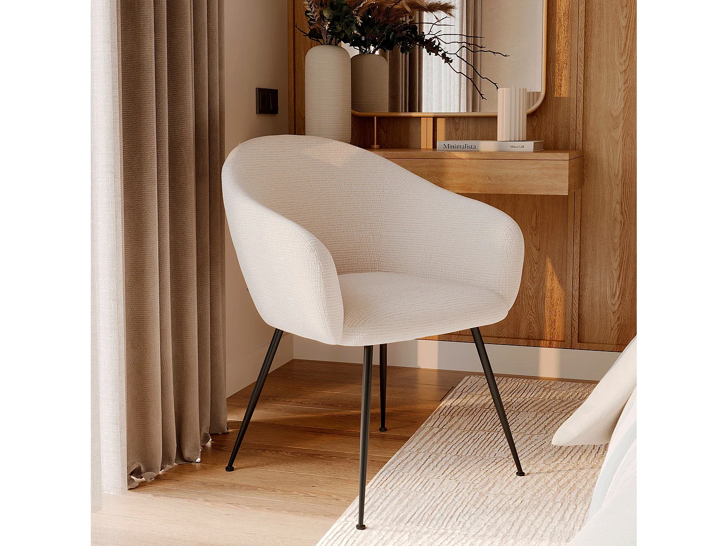 Fauteuil en tissu blanc chiné et pieds en métal noir - Socky