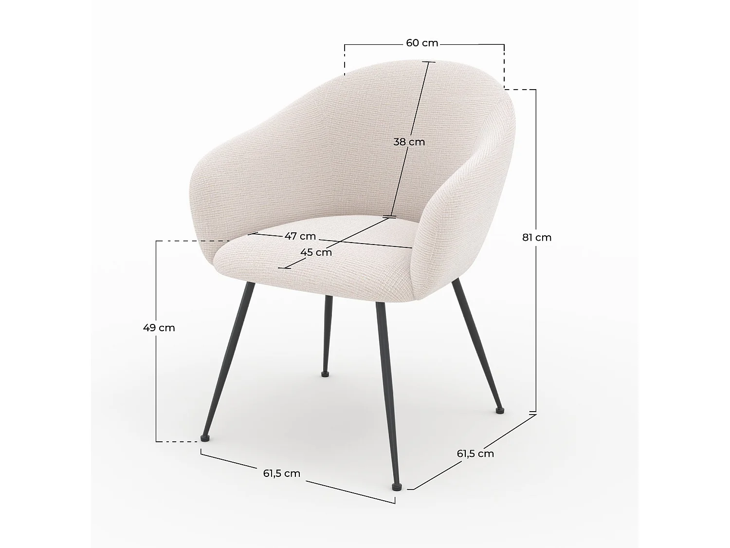 Fauteuil en tissu blanc chiné et pieds en métal noir - Socky