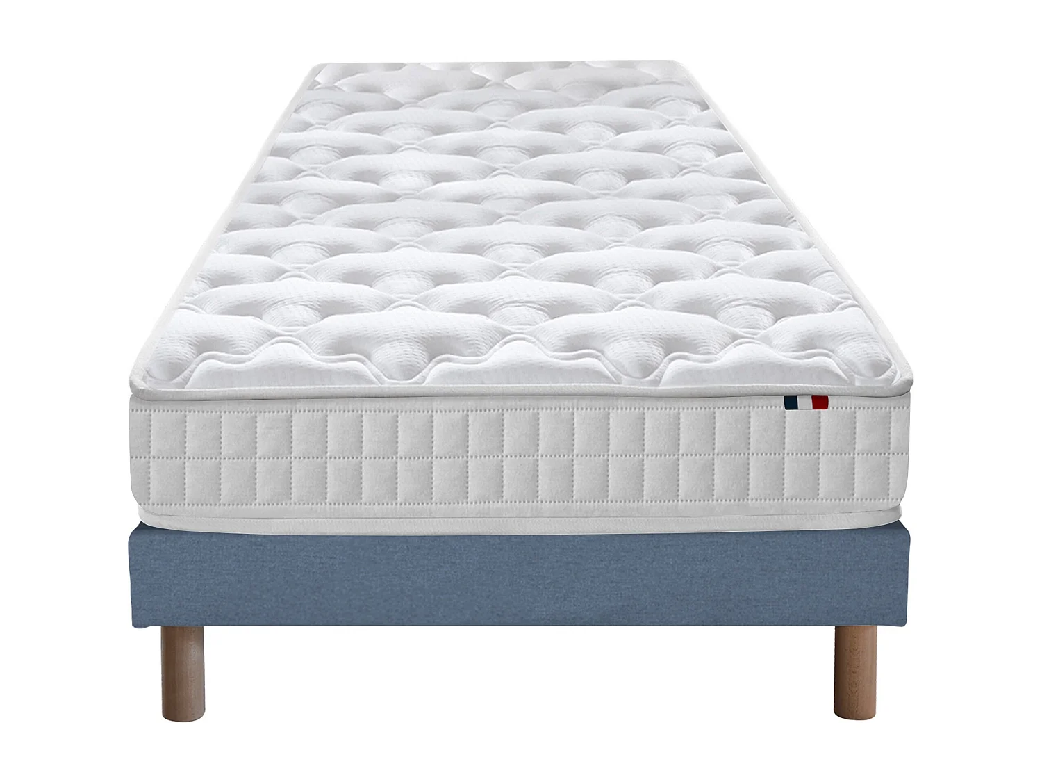Pack ensemble matelas ressorts ASTRE, sommier, couette et oreillers Dimensions - 90 x 190 cm, Sommier - Bleu denim