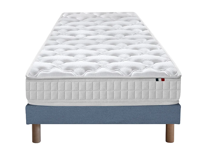 Pack ensemble matelas ressorts ASTRE, sommier, couette et oreillers Dimensions - 90 x 190 cm, Sommier - Bleu denim