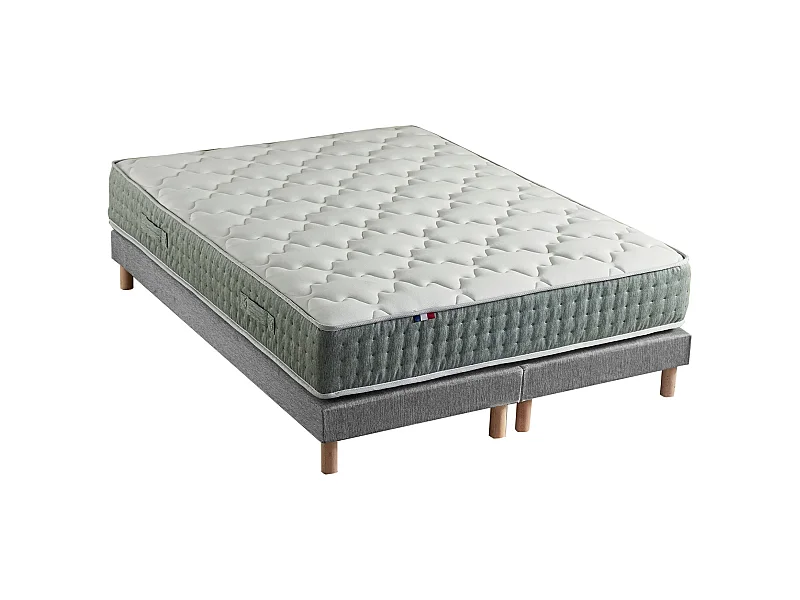 Ensemble + matelas Ressort 7 zones Face Hiver/Eté différente HYGGE Fabriqué en France Dimensions - 2x80 x 200 cm, Sommier - Gris chiné