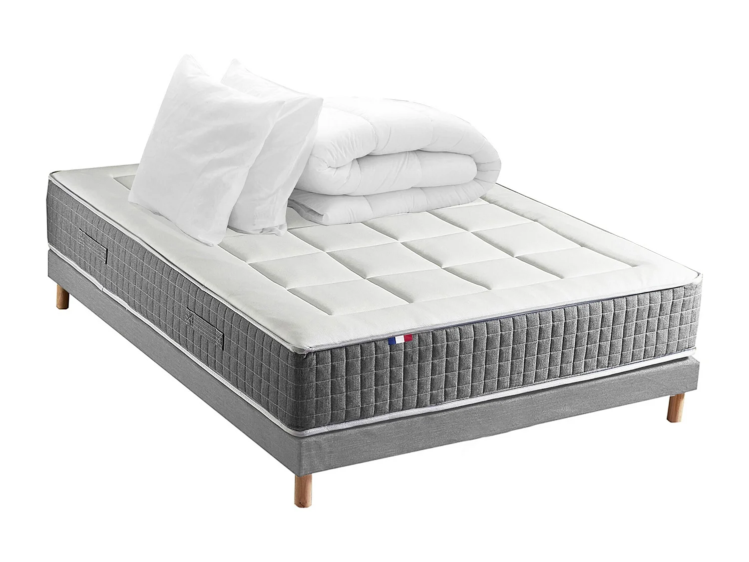 Ensemble Matelas Ressort 7 zones H.28cm + Sommier + couette + oreillers Fabriqué en France MAX Dimensions - 140 x 190 cm, Sommier - Gris chiné