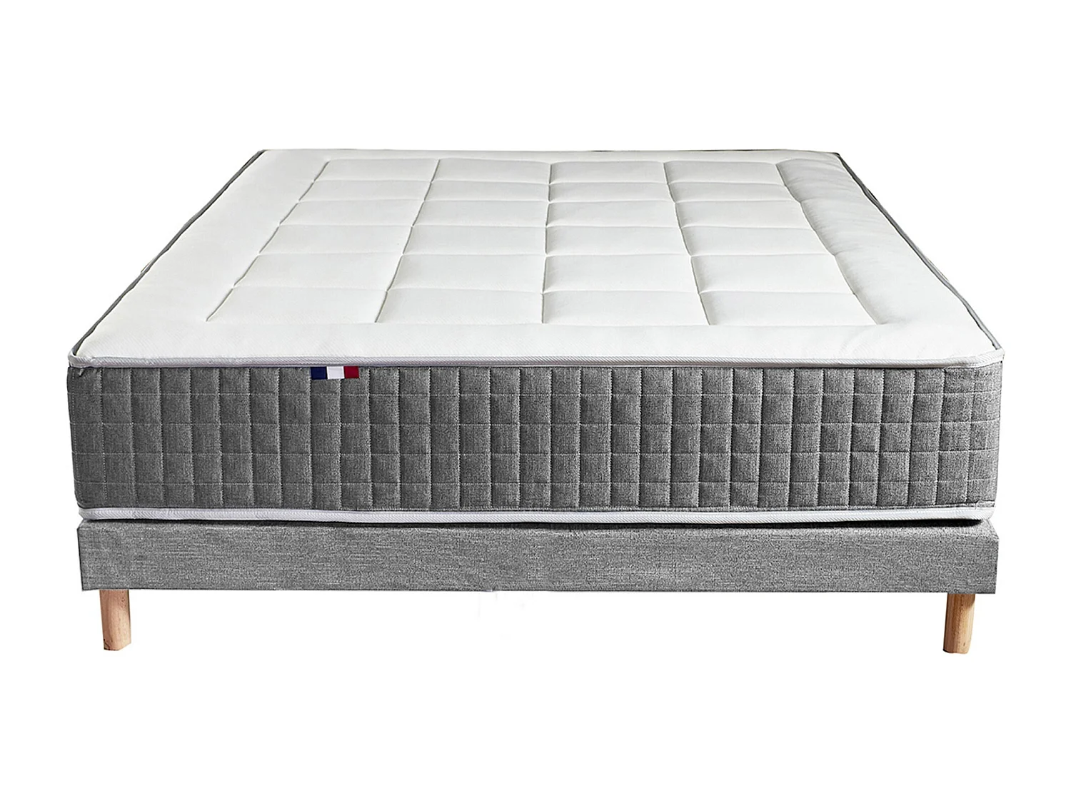 Ensemble Matelas Ressort 7 zones H.28cm + Sommier + couette + oreillers Fabriqué en France MAX Dimensions - 140 x 190 cm, Sommier - Gris chiné